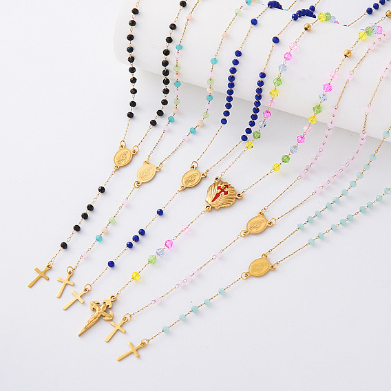 Vintage Resin Rosary Bead Necklaces, 304 Stainless Steel Religion Cross Virgin Pendant Necklaces for Women, Golden