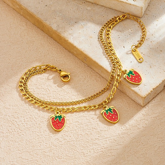 304 Stainless Steel Enamel Red Strawberry Charm 2-Strand Bracelets for Women