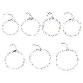 7Pcs 7 Styles 304 Stianless Steel Paperclip Chains, Drawn Elongated Cable Chains Bracelet Making, with Lobster Claw Clasps and Extension Chain