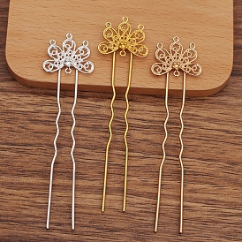 Hair Accessories Iron Hair Fork Findings, with Brass Butterfly Filigree Findings