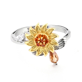 Sunflower and Dragonfly Rotatable Open Ring for Women, Brass Cubic Zirconia Fidget Spinner Rings, Adjustable Relieve Stress Cuff Ring