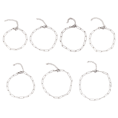 7Pcs 7 Styles 304 Stianless Steel Paperclip Chains, Drawn Elongated Cable Chains Bracelet Making, with Lobster Claw Clasps and Extension Chain