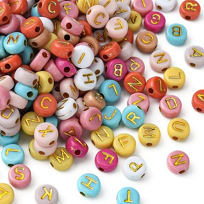 Opaque Mixed Color Acrylic Beads, Metal Enlaced, Flat Round with Random Letters