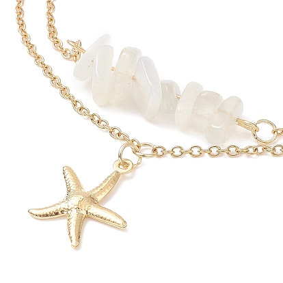 Natural White Moonstone Chips Beaded & Starfish Charms Double Layer Multi-strand Bracelet, Stainless Steel Jewelry for Women