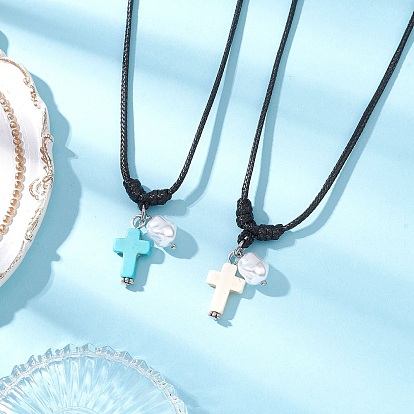 2 шт. 2 Цвета регулируются, синтетическая бирюза с круглым пластиковым искусственным жемчугом, крест-подвеска, черный вощеный полиэстеровый шнур, ожерелья для женщин