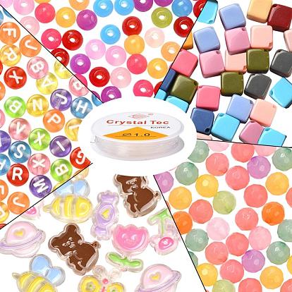 DIY Jewelry Set Making Kits, Including Mixed Shapes Imitation Jelly & Opaque & Transparent Acrylic Beads, Elastic Stretch Thread