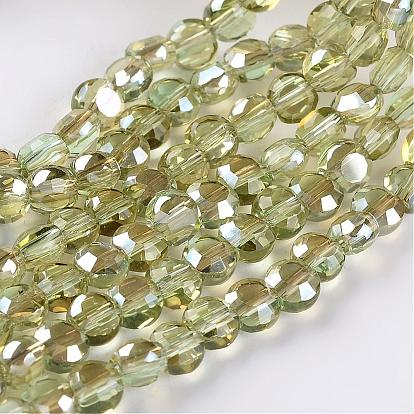 Гальванические стеклянные бусины, с половиным покрытием цвета радуги, плоско-круглые, граненые