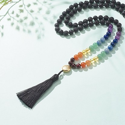 7 Chakra Buddhist Necklace, Natural & Synthetic Mixed Gemstone Round Beaded Necklace with Alloy Lotus and Big Tassel for Women