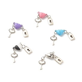 Heart Alloy Magnetic Clasps with Loops, with 304 Stainless Steel Jump Rings and Alloy Pendant, Key & Lock