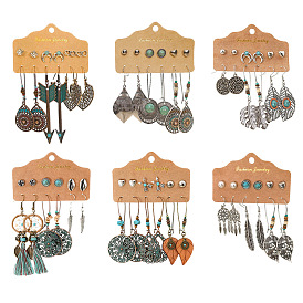 Boho Dreamcatcher Earrings Set of 6 Pairs for Women, Heart-shaped Studs & Leaf Hoops in Ethnic Vintage Style