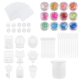 DIY Jewelry Kits, with Silicone Molds, Shaker Molds Resin Casting Molds, Disposable Plastic Transfer Pipettes & Round Stirring Rod, Disposable Latex Finger Cots, Measure Cup and Gradual Change Candy Style Flakes