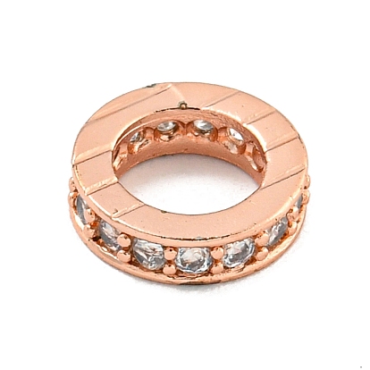 Brass Micro Pave Clear Cubic Zirconia European Beads, Large Hole Beads, Long-Lasting Plated, Lead Free & Cadmium Free, Flat Round