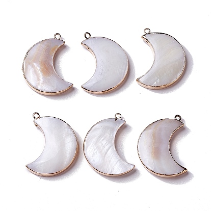 Natural Fresh Shell Pendants, with Brass Findings, Moon Charms