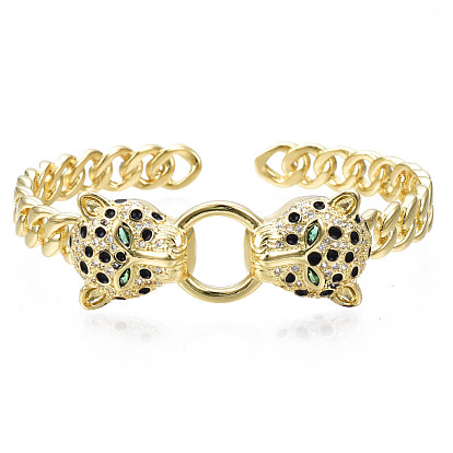 Leopard Door Knocker Shape Cubic Zirconia Cuff Bangle, Real 18K Gold Plated Brass Enamel Curb Chain Shape Open Bangle for Women, Nickel Free