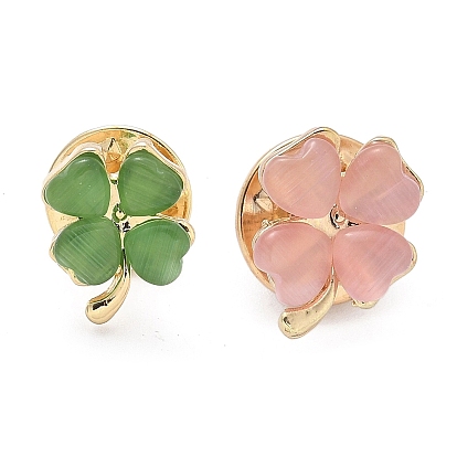 Булавки для лацканов из сплава для одежды рюкзака, клевер, с кабошоном кошачий глаз