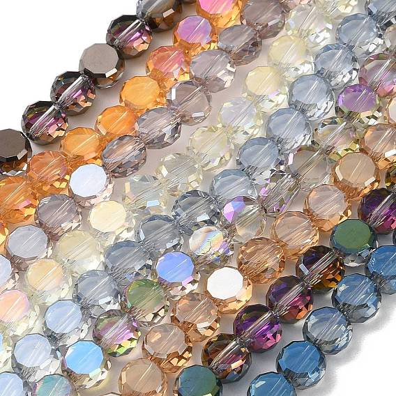Стеклянные бусины с гальваническим покрытием , плоско-круглые, граненые, с половиным покрытием цвета радуги