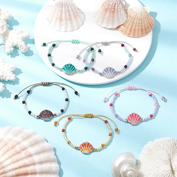 Сплав эмалированные браслеты в форме ракушки, регулируемые браслеты из нейлоновой нити для женщин, с натуральным агатом и бусинами из черного оникса