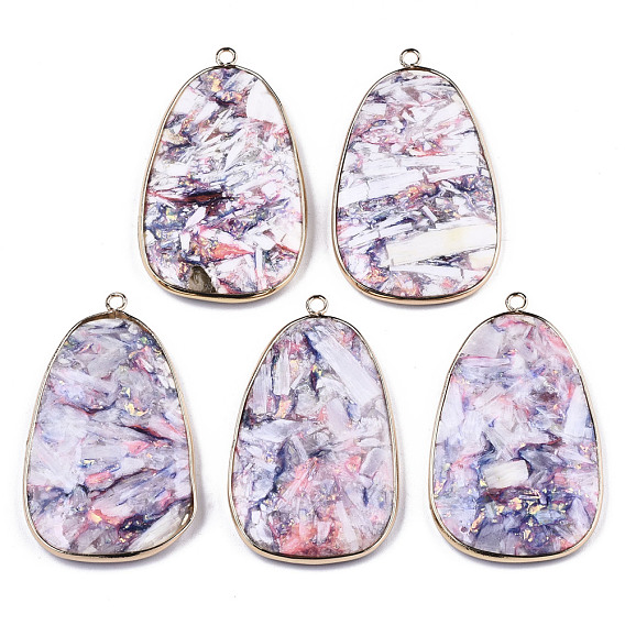 Synthetic Calcite Big Pendants, with Light Gold Plated Brass Edge and Loop, Dyed, Egg Stone
