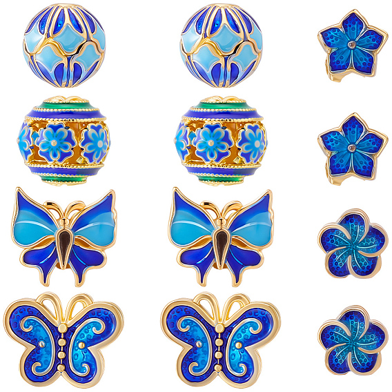 12Pcs 12 Styles Handmade Cloisonne Beads, Golden