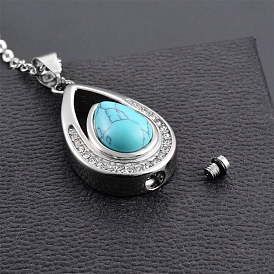 Stainless Steel Rhinestone Pendant Teardrop Necklaces, with Natural & Synthetic Gemstone, Urn Ashes Necklaces