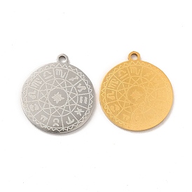 201 Stainless Steel Pendants, Flat Round with 12 Constellations Pattern Charms