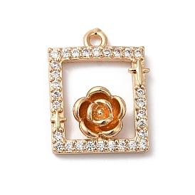 Brass Micro Pave Clear Cubic Zirconia Pendants, Framed Rose