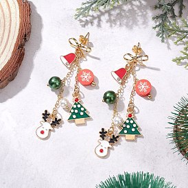 Серьги-гвоздики с эмалевым сплавом на рождественскую тематику, с полимерной глиной ручной работы, ракушечными жемчужинами, стеклянными жемчужинами и латунными цепочками