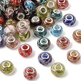 Ручной золотой песок бусины европейской большой дыра Rondelle бусины, с серебряного цвета латуни двойные сердечники, 15x10 мм, отверстие : 5 мм