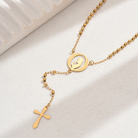 Golden Beaded Heart Cross Tassel Y Necklace for Women Fashion.