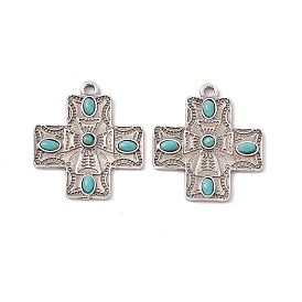 Synthetic Turquoise Pendants, Religion Cross Charms, with Rack Plating Alloy Findings