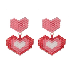 Glass Seed Braided Double Heart Dangle Stud Earrings, Brass Jewelry for Women