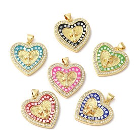 Heart with Corss Brass Micro Pave Cubic Zirconia Pendants, with Enamel & Shell, Long-Lasting Plated, Lead Free & Cadmium Free, Real 18K Gold Plated