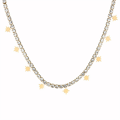 Stainless Steel Star Charms Bib Necklaces, with Cubic Zirconia Tennis Chains
