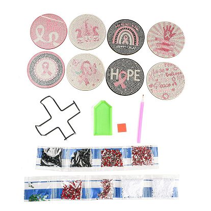 DIY Breast Cancer Awareness Ribbon Diamond Painting Wood Cup Mat Kits, Including Coster Holder, Resin Rhinestones, Diamond Sticky Pen, Tray Plate & Glue Clay