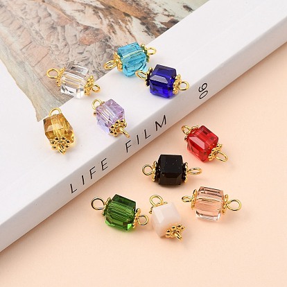 Faceted Cube Transparent Glass Links Connectors, with Golden Plated Alloy and Brass Findings