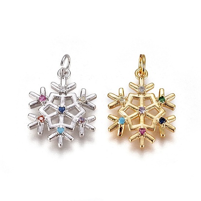 Brass Micro Pave Cubic Zirconia Pendants, with Enamel and Jump Ring, Christmas, Snowflake
