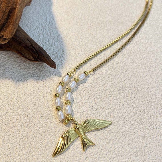 304 Женские ожерелья с подвеской в виде птицы из нержавеющей стали и пластика с имитацией жемчуга, белые