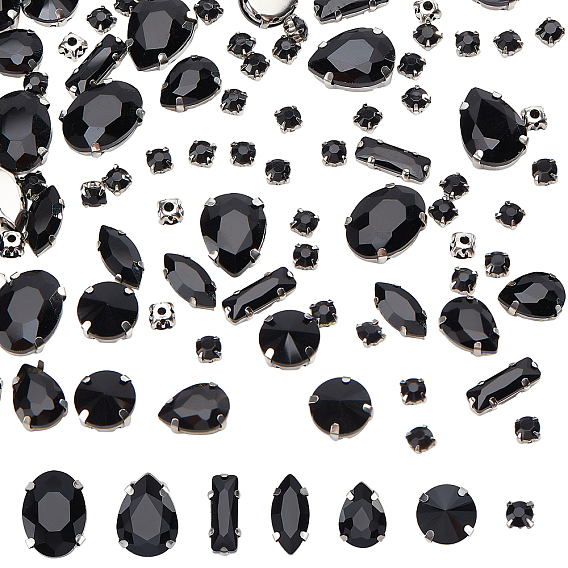 168Pcs 7 Style Sew on Rhinestone, Multi-strand Links, Glass Rhinestone, with Platinum Tone Brass Prong Settings, Mixed Shapes