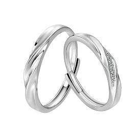 925 Sterling Silver Wave Adjustable Couple Rings, Clear Cubic Zirconia Rings for Lovers