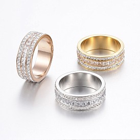 304 Stainless Steel Rings, with Cubic Zirconia and Polymer Clay Rhinestone, Wide Band Rings