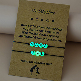 Bracelet en acrylique avec pendentif lettre phosphorescente pour la fête des mères, avec carte de bénédiction, cadeau parent-enfant