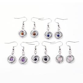 Natural Gemstone and Tibetan Style Alloy Beads Dangle Earrings, with Brass Earring Hooks and Iron Findings, Antique Silver and Platinum