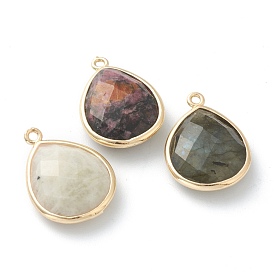 Natural Gemstone Pendants, with Golden Brass Edge, Faceted, Teardrop