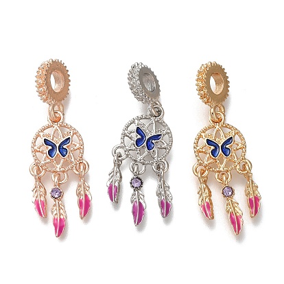 Подвески из сплава со стразами в стойке в европейском стиле, плетеная паутина/сетка с перьями, подвески с большими отверстиями, Эмаль стиле