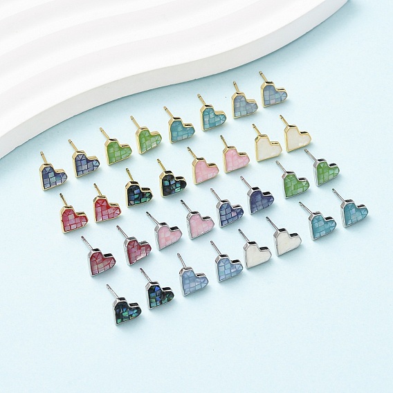 Серьги-гвоздики в форме сердца из латуни и эмали, с ракушками и булавками из стерлингового серебра, долговечный, без кадмия, без никеля и без свинца