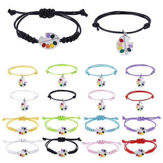 16Pcs 8 Colors Waxed Polyester Cord Bracelets, Palette, with Alloy Enamel Pendants, Platinum