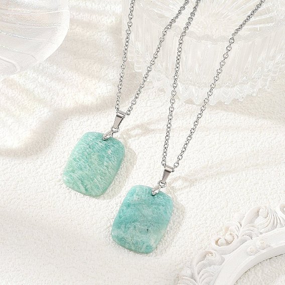 Natural Amazonite Rectangle Pendant 304 Stainless Steel Cable Chain Necklaces