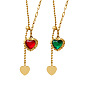 Boho Chic Tassel Lace Heart Pendant Necklace with Red and Green Cubic Zirconia Stones on Gold Chain