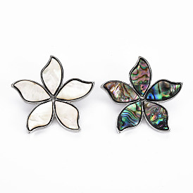 Flower Shape Natural Shell Brooch Pin, Alloy Lapel Pin for Backpack Clothing, Lead Free & Cadmium Free, Antique Silver