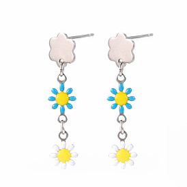 Longues boucles d'oreilles pendantes en émail avec fleur, plaqué de couleur en acier inoxydable 304 bijoux en acier inoxydable pour femmes